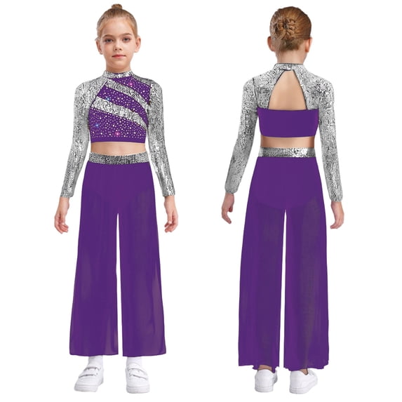 Aislor Girls 2 Piece Dance Outfits Sparkly Sequin Rhinestone Crop Top with Split Sides Flowy Pants Set Purple 16