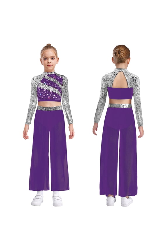 Girls 2 Piece Dance Outfits Sparkly Sequin Rhinestone Crop Top with Split Sides Flowy Pants Set Purple 6