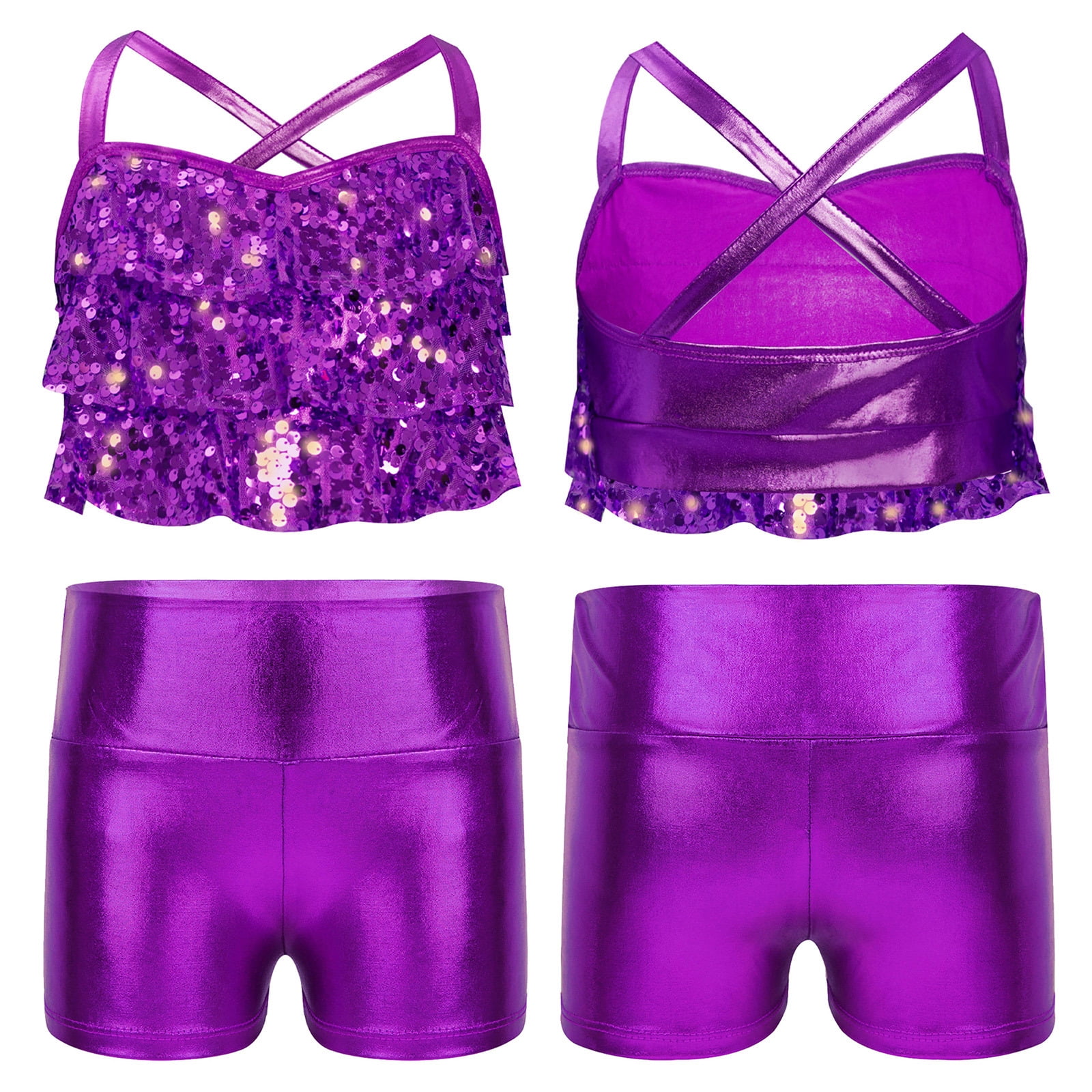 Purple Top Ruffles Aislor Girls 2 Piece Jazz Dance Outfit Glittery Sequins Tiered Ruffles ...