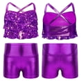 Purple Top Ruffles Aislor Girls 2 Piece Jazz Dance Outfit Glittery Sequins Tiered Ruffles ...