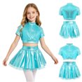thumbnail image 1 of Aislor Girls 2 Piece Jazz Dance Performance Outfit Mock Neck Short Sleeve Sequins Crop Top with Shiny Tutu Skirt Blue 6, 1 of 7