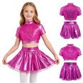 thumbnail image 1 of Aislor Girls 2 Piece Jazz Dance Performance Outfit Mock Neck Short Sleeve Sequins Crop Top with Shiny Tutu Skirt Rose 14, 1 of 7