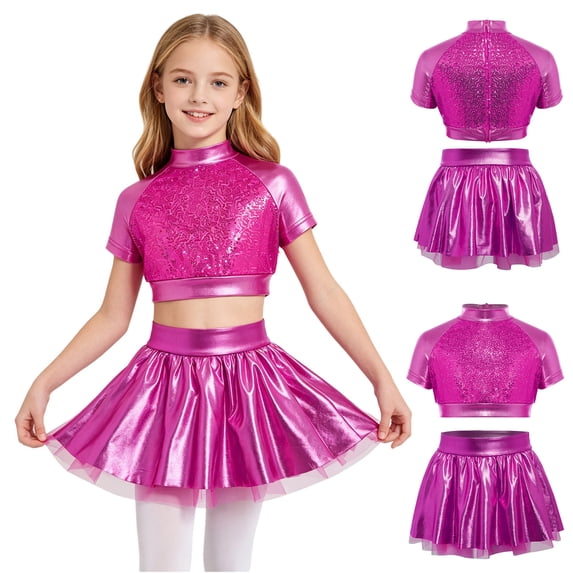 Aislor Girls 2 Piece Jazz Dance Performance Outfit Mock Neck Short Sleeve Sequins Crop Top with Shiny Tutu Skirt Rose 14
