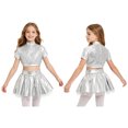 thumbnail image 1 of Aislor Girls 2 Piece Jazz Dance Performance Outfit Mock Neck Short Sleeve Sequins Crop Top with Shiny Tutu Skirt Silver 12, 1 of 7