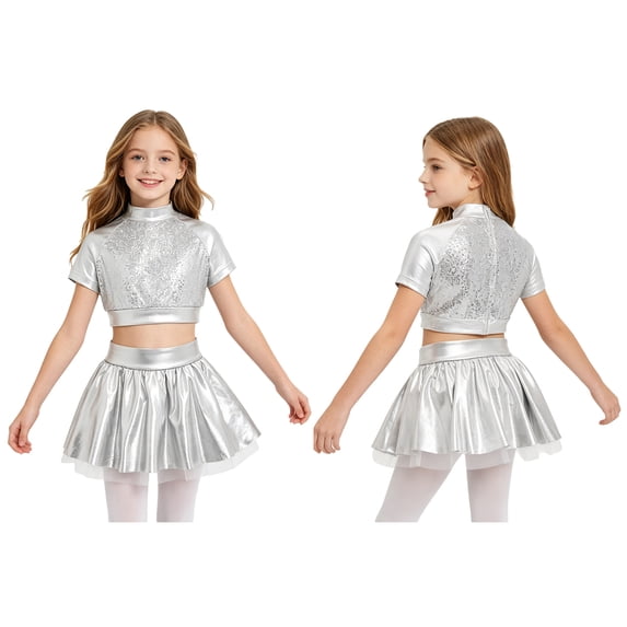 Aislor Girls 2 Piece Jazz Dance Performance Outfit Mock Neck Short Sleeve Sequins Crop Top with Shiny Tutu Skirt Silver 12