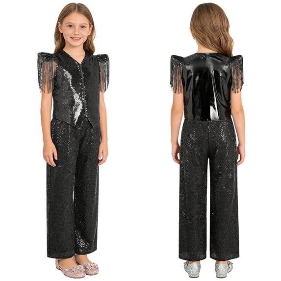 Aislor Girls 2 Piece Sparkling Sequin Jazz Dance Outfit Sequined Tassels Cap Sleeves V Neckline Hem Zipper Metallic Vest with Pants Black 12