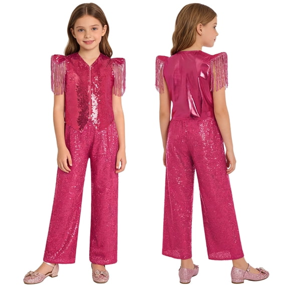 Aislor Girls 2 Piece Sparkling Sequin Jazz Dance Outfit Sequined Tassels Cap Sleeves V Neckline Hem Zipper Metallic Vest with Pants Hot Pink 12