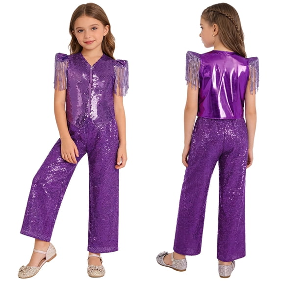 Aislor Girls 2 Piece Sparkling Sequin Jazz Dance Outfit Sequined Tassels Cap Sleeves V Neckline Hem Zipper Metallic Vest with Pants Purple 8