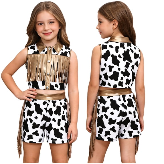 Aislor Girls 2 Pieces Western Cowgirl Sleeveless Fringed Top With Side Tassel Shorts Outfit Set Camel 16