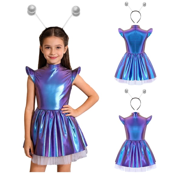 Aislor Girls 2Pcs Alien Dress Up Iridescent Glossy Flying Sleeve Ruffled Tutu Dress with Hair Hoop Colorful Silver 8