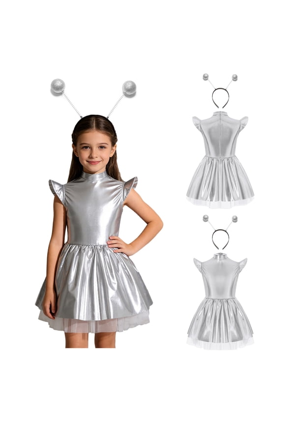Girls 2Pcs Alien Dress Up Iridescent Glossy Flying Sleeve Ruffled Tutu Dress with Hair Hoop Silver 16