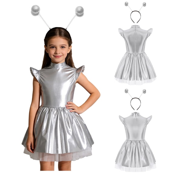 Aislor Girls 2Pcs Alien Dress Up Iridescent Glossy Flying Sleeve Ruffled Tutu Dress with Hair Hoop Silver 6