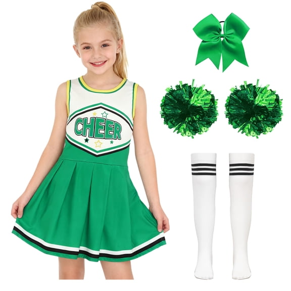 Aislor Girls 4 Pieces Cheer Uniform Cheer Leader Outfit Halloween Christmas Party Green 2-3