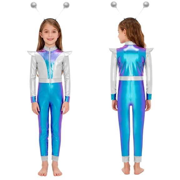 Aislor Girls Alien Cosplay Long Sleeve Metallic Bodysuit with Funny Hair Hoop for Theme Parties Blue Silver 6