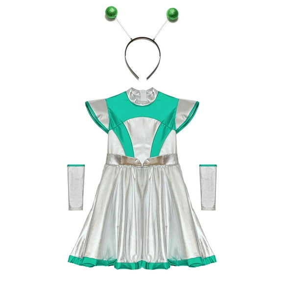 Aislor Girls Alien Costume Halloween Space Man Dress Up Metallic Dress with Arm Sleeves Alien Hair Hoop Green 16