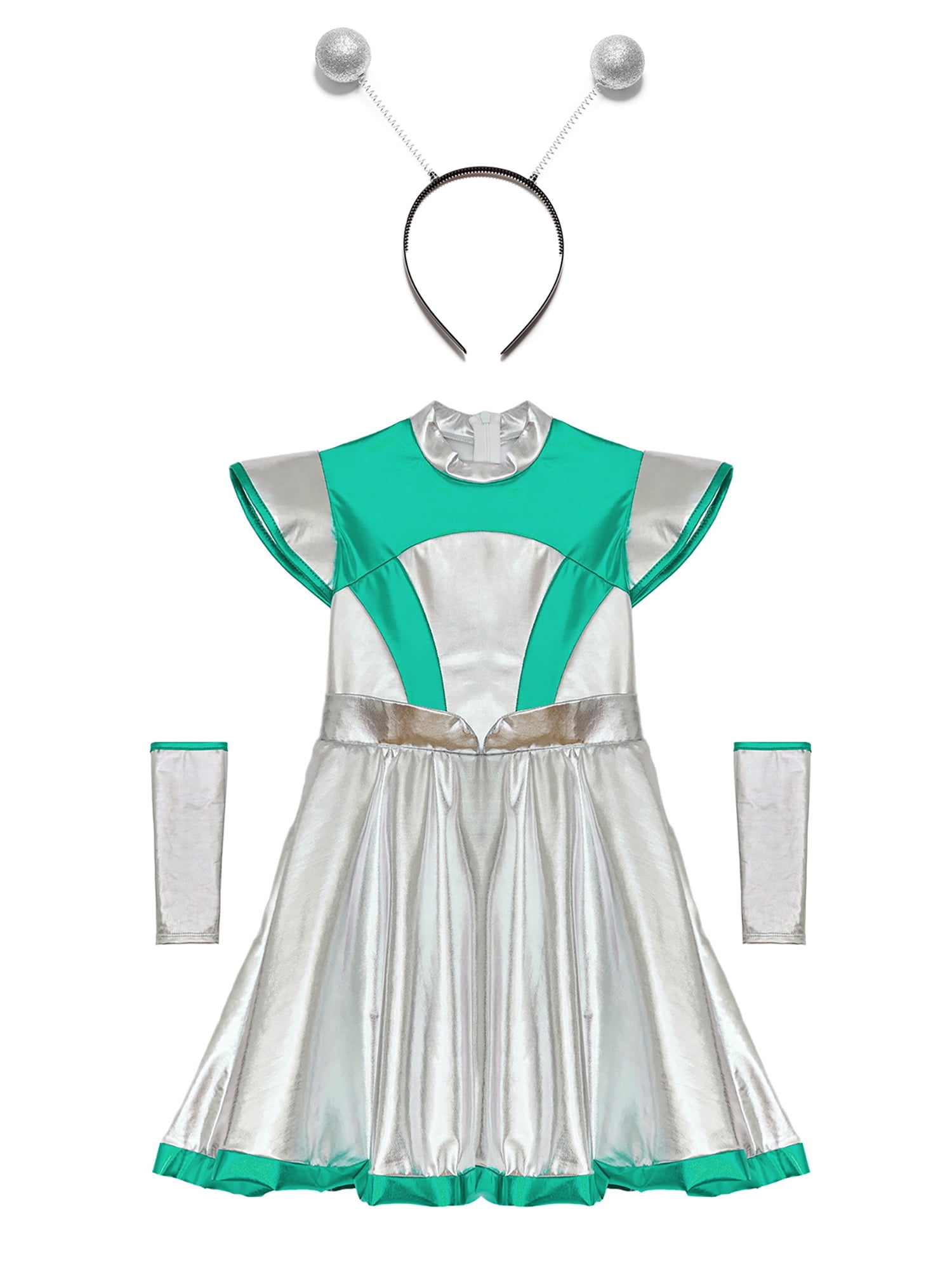 Aislor Girls Alien Costume Halloween Space Man Dress Up Metallic