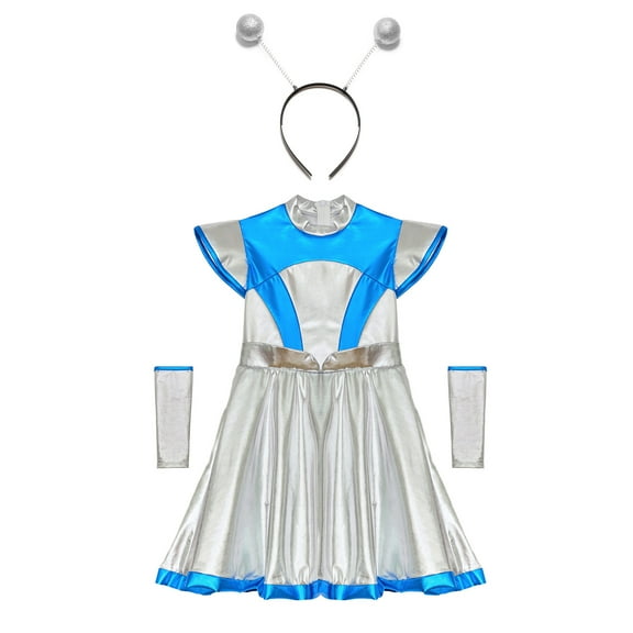 Aislor Girls Alien Costume Halloween Space Man Dress Up Metallic Dress with Arm Sleeves Alien Hair Hoop Silver 6