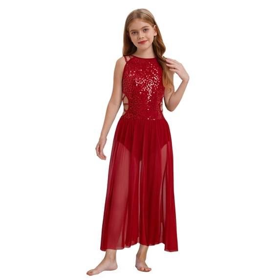 Aislor Girls' Asymmetrical Tutu Skirted Leotard Sequined Ballroom Lyrical Dress Latin Ballet Dancewear Burgundy 6
