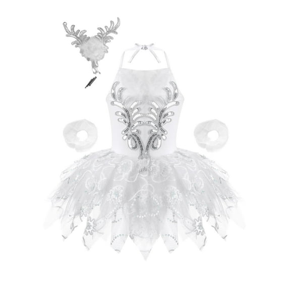 Aislor Girls Ballet Dress Sequined Camisole Mesh Tutu Swan Dance Leotards Princess with Bracelets Headwear Size 1-14 White 7-8