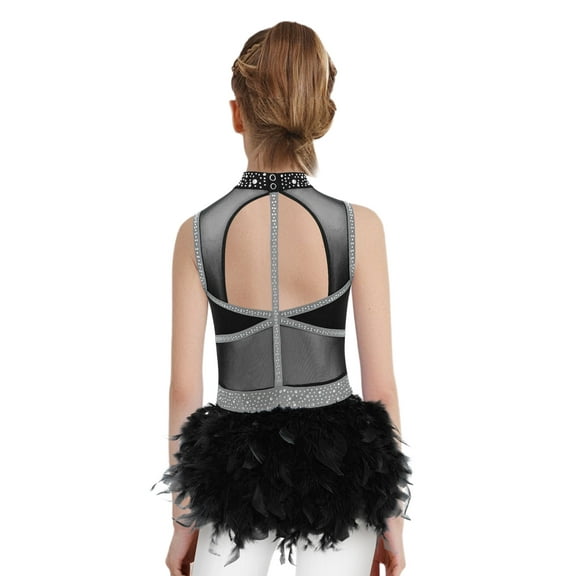 Aislor Girls Ballet Leotard Modern Gymnastics Jazz Dance Sleeveless Feather Skirt Rhinestone Bodysuit Black 16