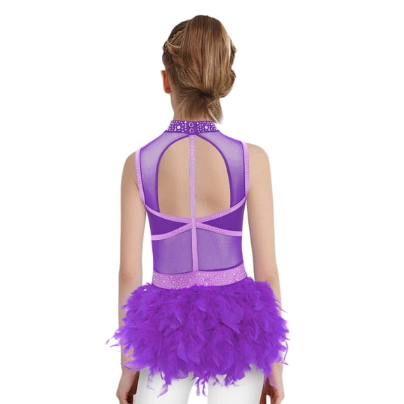 Aislor Girls Ballet Leotard Modern Gymnastics Jazz Dance Sleeveless Feather Skirt Rhinestone Bodysuit Purple 14