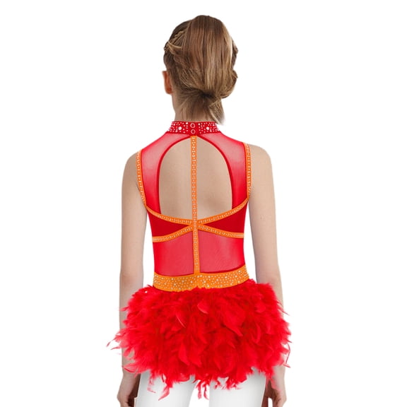 Aislor Girls Ballet Leotard Modern Gymnastics Jazz Dance Sleeveless Feather Skirt Rhinestone Bodysuit Red 16