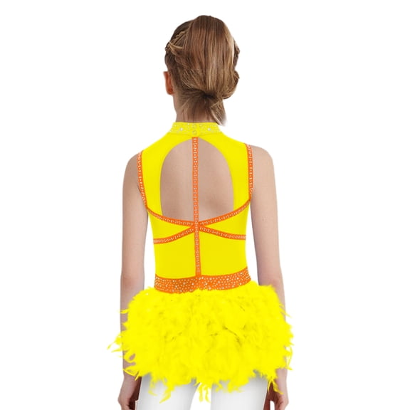 Aislor Girls Ballet Leotard Modern Gymnastics Jazz Dance Sleeveless Feather Skirt Rhinestone Bodysuit Yellow 10