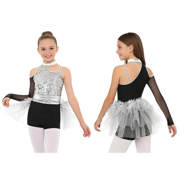 Aislor Girls Ballet Skirted Bodysuit Sequins Performance Jumpsuit Asymmetrical Latin Jazz Dance Dress Leotard Silver 6