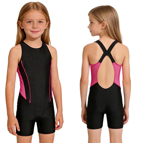 Aislor Girls Boyleg Cutout One-piece Swimsuits Swimming Costume Athletic Rash Guard Bathing Suit Swimwear Size 8-16 Rose Red&Black 8