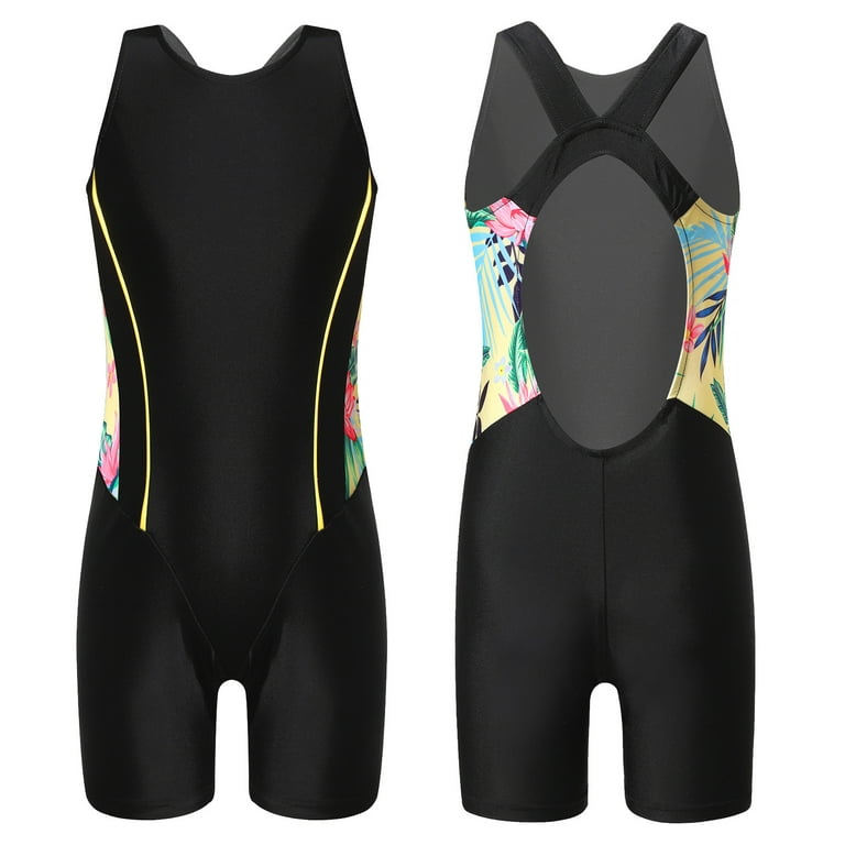 Aislor Girls Boyleg Cutout One-piece Swimsuits Swimming Costume Athletic  Rash Guard Bathing Suit Swimwear Size 8-16 Yellow&Black 14