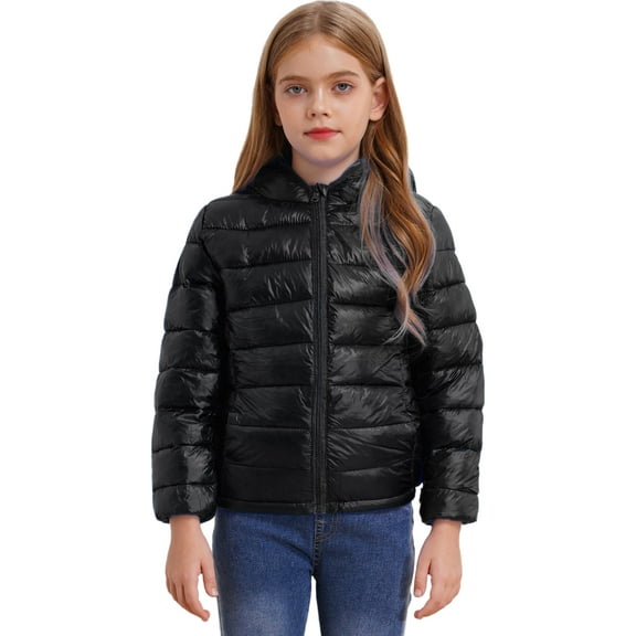 Aislor Girls Boys Long Sleeve Ultra Lightweight Jacket Coat Winter Warm Puffer Jacket Packable Hooded Coat 3-16 A Black 13-14