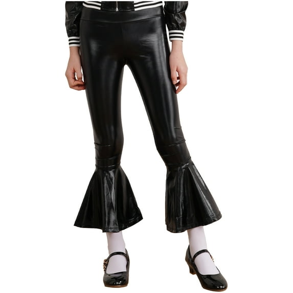 Aislor Girls Boys Shiny Metallic Flared Pants Bell Bottoms Sequins Ruffle Dance Performance Yoga Leggings Trousers Size 6-16 Black 12