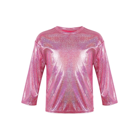 Aislor Girls Boys Shiny Metallic Modern Dance Jazz Top Long Sleeve Shirt Athletic T-Shirt Performance Blouse Dancewear