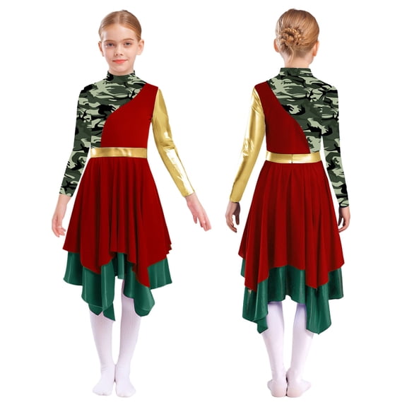 Aislor Girls Camouflage Print Color Block Liturgical Praise Dance Dress Long Sleeve Worship Lyrical Dancewear Burgundy 8