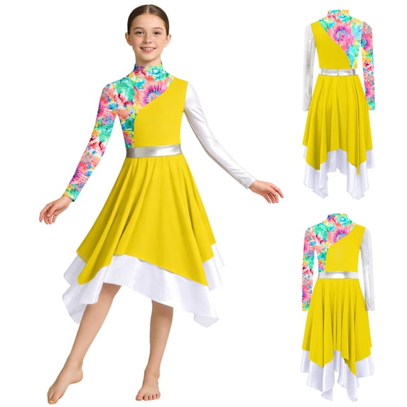 Aislor Girls Camouflage Print Color Block Liturgical Praise Dance Dress Long Sleeve Worship Lyrical Dancewear Yellow 10