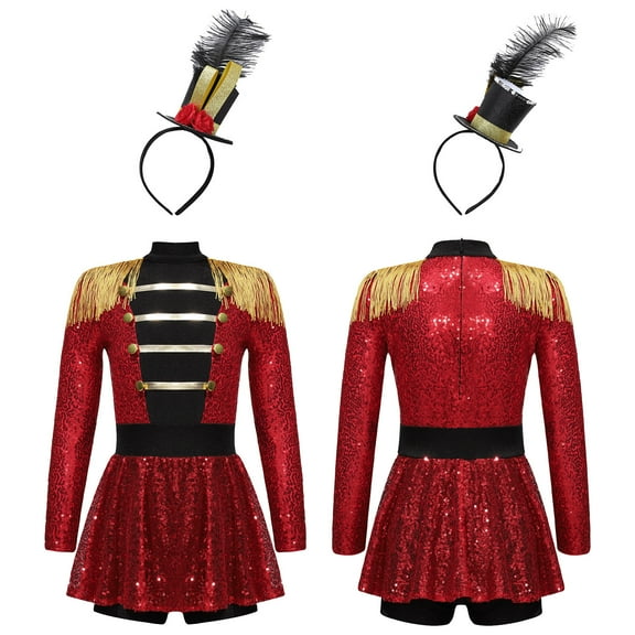Aislor Girls Carnival Party Circus Ringmaster Costume Sequins Tassel Long Sleeve Leotard Dress with Steampunk Hat Set A Red 6