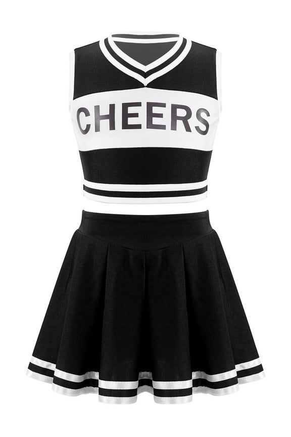 Girls Cheer Leader Costume Uniform High School Cheerleading Crop Tops with Pleated Skirt Outfit A Black 4