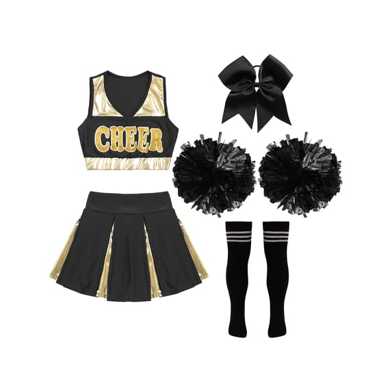Aislor Girls Cheer Leader Uniform Cheerleading Outfit Crop Top Pleated Skirt Set Halloween Costume A Black&White 12