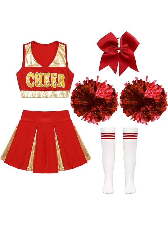 Girls Cheer Leader Uniform Cheerleading Outfit Crop Top Pleated Skirt Set Halloween Costume A Red 10