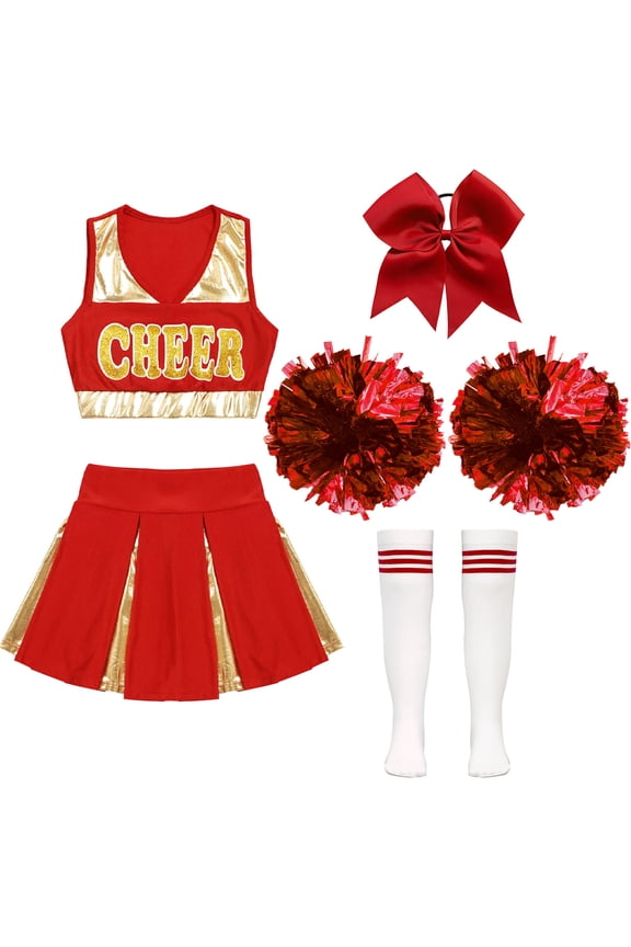 Girls Cheer Leader Uniform Cheerleading Outfit Crop Top Pleated Skirt Set Halloween Costume A Red 12