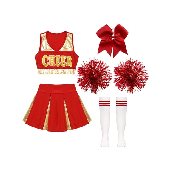 Aislor Girls Cheer Leader Uniform Cheerleading Outfit Crop Top Pleated Skirt Set Halloween Costume B Red 12