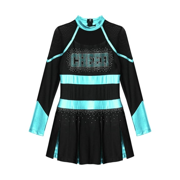 Aislor Girls Cheer leader Cheerleading Shiny Pleated Dress Cheer Uniform Dress Up Black&Blue Green 14