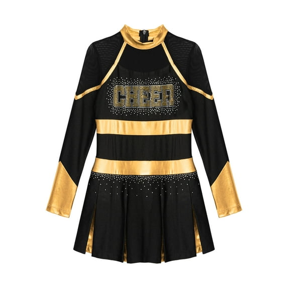 Aislor Girls Cheer leader Cheerleading Shiny Pleated Dress Cheer Uniform Dress Up Black&Gold 6