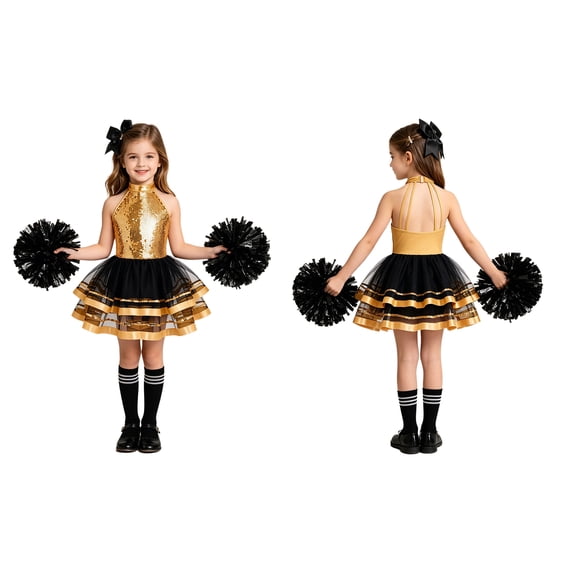 Aislor Girls Cheerleading Halter Sparkling Sequins Tulle Tutu Dress with Flower Balls Headwear Socks Outfit Dancewear Champagne Black 10