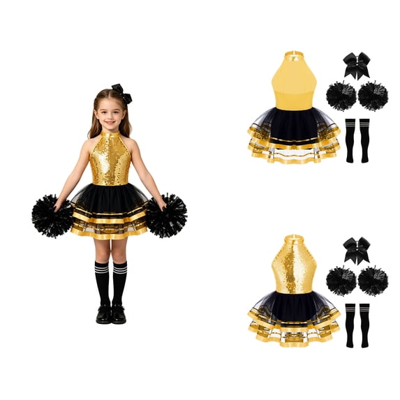Aislor Girls Cheerleading Halter Sparkling Sequins Tulle Tutu Dress with Flower Balls Headwear Socks Outfit Dancewear Gold Black 6