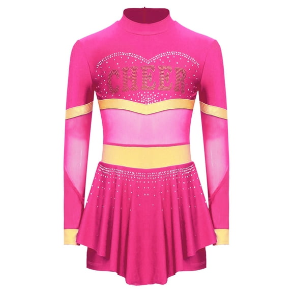 Aislor Girls Cheerleading Uniform Long Sleeve Dance Leotards Dress Cheer Leader Performance Costume Hot Pink 10