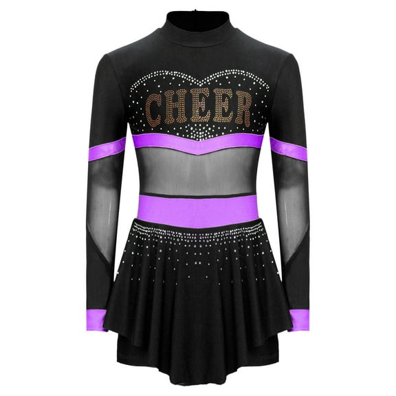 Aislor Girls Cheerleading Uniform Long Sleeve Dance Leotards Dress Cheer Leader Performance Costume Purple 8