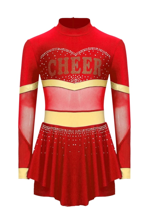 Girls Cheerleading Uniform Long Sleeve Dance Leotards Dress Cheer Leader Performance Costume Red 6