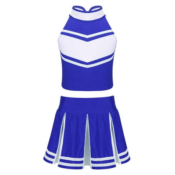 Aislor Girls Cheerleading Uniform Stage Suit Sleeveless Crop Top with Pleated Skirt Set Costume Blue&White 8
