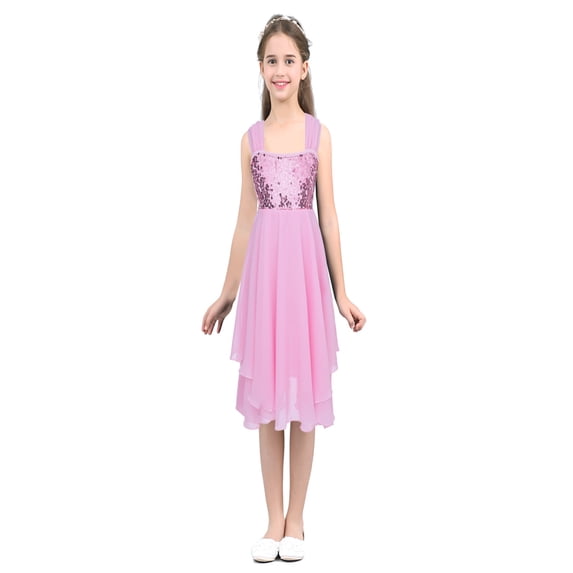 Aislor Girls Chiffon Sequins Ballet Dance Gymnastics Dress Kids Lyrical Dress Irregular Leotard Skirt